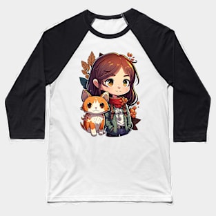 Cat & Girl Kawaii Anime Retro Fall Cat Lover Baseball T-Shirt